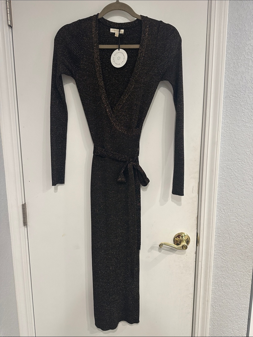 Flying Tomato Long Sleeve Faux Wrap Midi Dress in Metallic Black/Bronze, size S